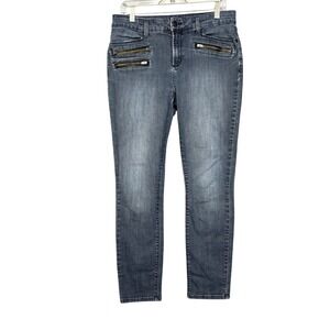 NYDJ Legging Jeans Womens 12 Blue Skinny Moto Faux Leather Zipper Accents 32x29